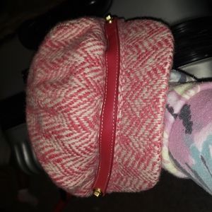 Coach Pink/White Wool Tan Leather Turnlock Newsboy Cap P/S